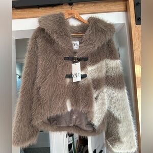 Zara Faux Fur Jacket in Taupe Size Small *NWT* Sold Out